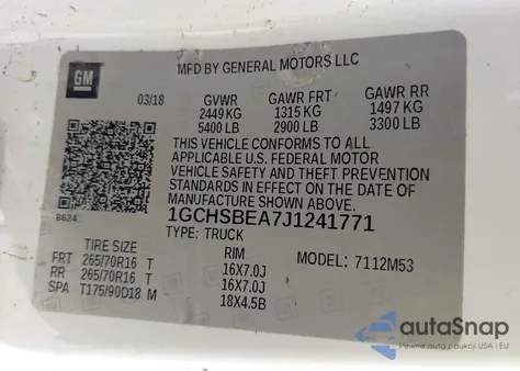 2018 Chevrolet Colorado Wt from USA, damaged, VIN 1GCHSBEA7J1241771